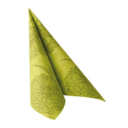 Zelený PAPSTAR-obrúsok "ROYAL Collection" v balení po 50 kusov (40 x 40 cm, 1/4-sklad) od PAPSTAR GmbH stojí vzpriamene a špicato pred jednofarebným bielym pozadím s čiernym kvetinovým vzorom.