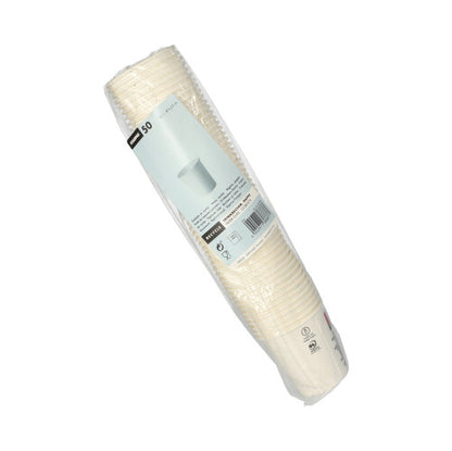 Zmršťovacia fólia s 50 bielymi Starpak pohármi na studené nápoje z papiera (0,1 l, Ø 6,25 cm, 6,3 cm), označená detailmi o produkte - ideálne na párty a podujatia pred jednoduchým bielym pozadím.