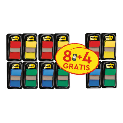 Zwölf Packungen 3M Post-it® Index Haftstreifen, Standard (25,4 mm x 43,2 mm), verschiedene Farben, Promotion: 8 Spender + 4 Gratis, je 50 Streifen/Spender-ideal für effiziente Dokumentenorganisation und Markierungen.