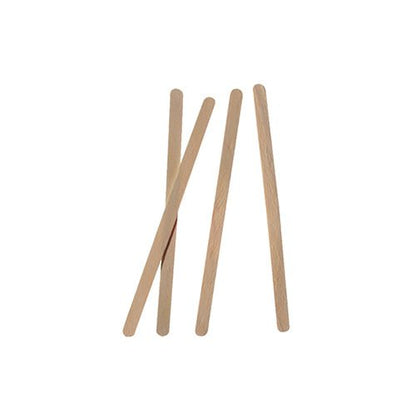Päť PAPSTAR miešacích paličiek drevo "pure" 11 cm (PAPSTAR GmbH), ekologické a stabilné, ležia na bielom pozadí, čiastočne sa prekrývajú, čiastočne sú usporiadané s odstupom.