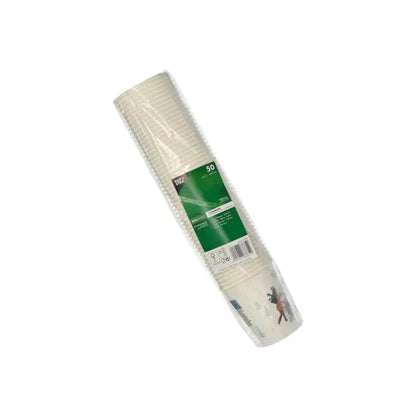 Stoh 50 bielych jednorazových papierových pohárov PAPSTAR 0,2l od PAPSTAR GmbH, čiastočne s malou potlačou - ideálne ako praktické párty poháre alebo na podujatia.