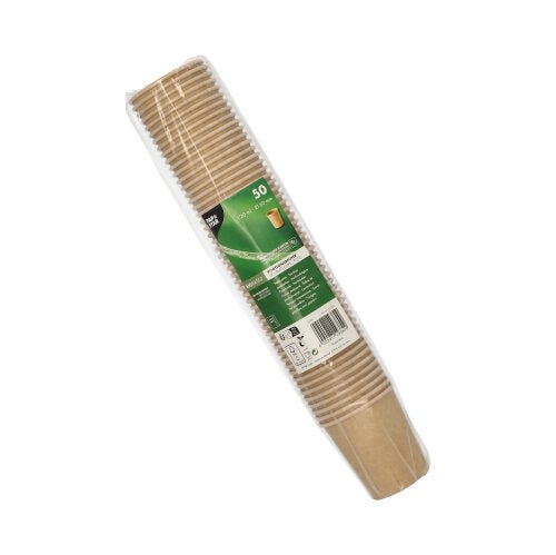 Plastom zabalené balenie s 50 porciovými pohármi PAPSTAR z hnedej lepenky (PAPSTAR GmbH), so zelenou etiketou, čiarovým kódom a produktovými informáciami. Recyklovateľné poháre sú stohované – ideálne pre gastronomický sektor.