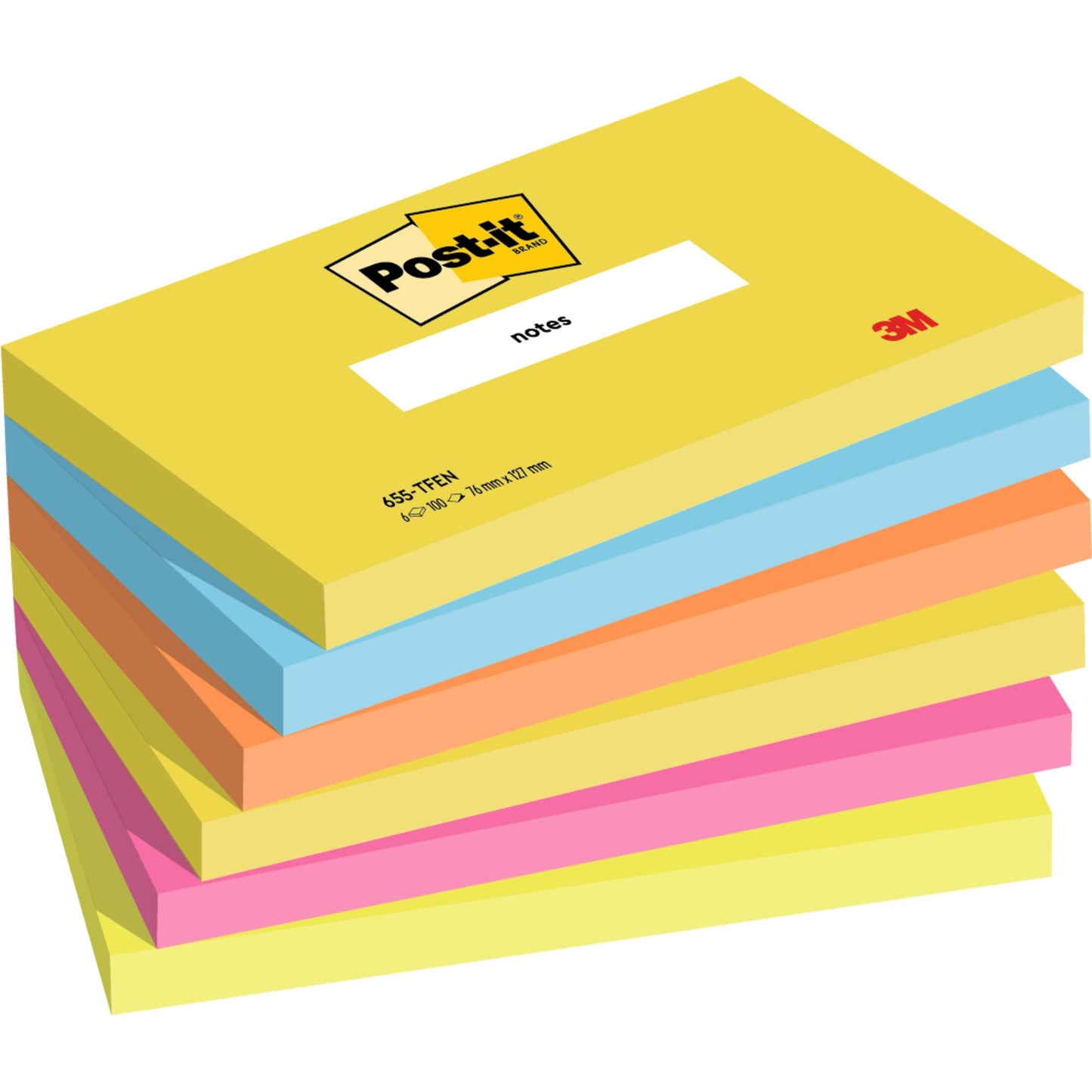 Stoh zo šiestich obdĺžnikových Post-it® Notes, Energetic Collection (76 mm x 127 mm, 100 listov/blok), od 3M Deutschland GmbH. Obsahuje rôzne farby a zobrazuje logo Post-it a 3M na hornom bloku. 100% PEFC certifikované.