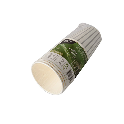 Stoh 20 pohárov na pitie, papier 0,2 l Ø 8 cm od PAPSTAR GmbH je zabalený v plastiku a má zelenú etiketu s informáciami o produkte a ekologickými symbolmi na bielom pozadí.