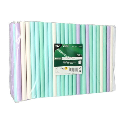 Priehľadné plastové balenie od PAPSTAR GmbH obsahuje 200 PAPSTAR papierových slamiek na bubble tea (Ø 12 mm, 20 cm), farebne roztriedené. Etiketa zobrazuje ekologické ikony - ideálne pre fanúšikov bubble tea.