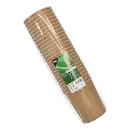 Balenie 25 PAPSTAR okrúhlych pohárov na polievku (11,5 cm, hnedé, ideálne na polievky), každý po 940 ml, naskladané a zabalené v čírom plaste so zeleno-bielou etiketou od PAPSTAR GmbH.
