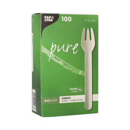 Biela krabica s nápisom "PAPSTAR pure" od PAPSTAR GmbH obsahuje 100 ekologických papierových vidličiek (15,5 cm). Balenie zdôrazňuje jednorazové vidličky na biologickej báze, ktoré sú zdobené vidličkou a motívom zeleného listu.