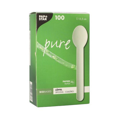 Biela škatuľa s nápisom "PAPSTAR Pure" obsahuje 100 ekologických jednorazových lyžíc z papiera (15,5 cm), všetky sú biobázované a vyrobené spoločnosťou PAPSTAR GmbH. Predná strana ukazuje lyžicu a poukazuje na ekologický papierový materiál.