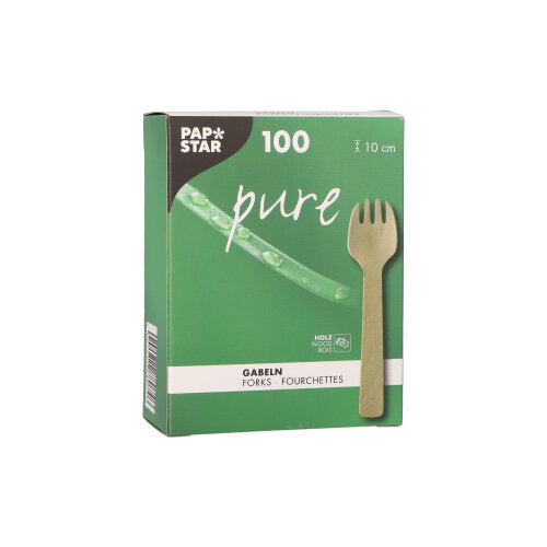 Zeleno-biela škatuľa od PAPSTAR GmbH s nápisom "Drevené vidličky pure" obsahuje 100 ekologických, robustných drevených vidličiek (10 cm) s obrázkom vidličky a textom "Vidličky/Fourchettes" na prednej strane.