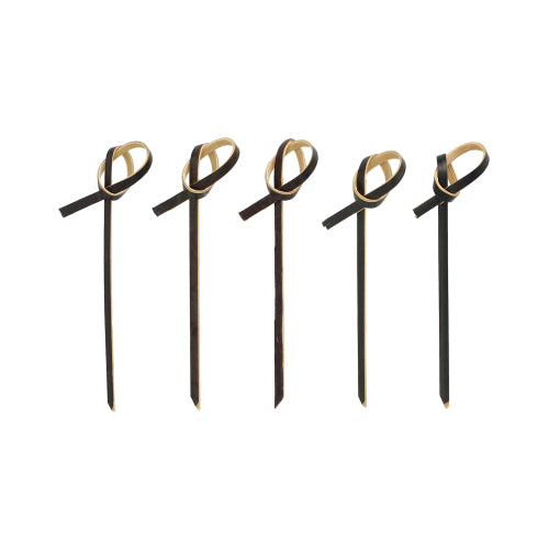 Päť PAPSTAR 250 Fingerfood - špáradiel od PAPSTAR GmbH v čiernej farbe so svetlohnedými stužkovými akcentmi na vrchnej časti, usporiadané v rade na bielom pozadí.