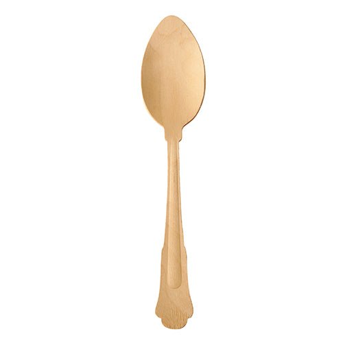 Drevená lyžica "pure" 19,5 cm vo vintage dizajne od PAPSTAR GmbH, s oble zaoblenou miskou a dekoratívnou rukoväťou, stojí zvisle pred jednoduchým bielym pozadím. Dodáva sa v balení po 50 kusoch na kartónovom podnose.