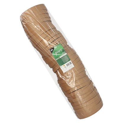 Stoh hnedých PAPSTAR "pure" krytov pre šalátové misky (15 cm, okrúhly, 50 kusov) je zabalený v priehľadnom plaste so zeleno-bielou etiketou od PAPSTAR GmbH, ktorá zdôrazňuje ekologické balenie.