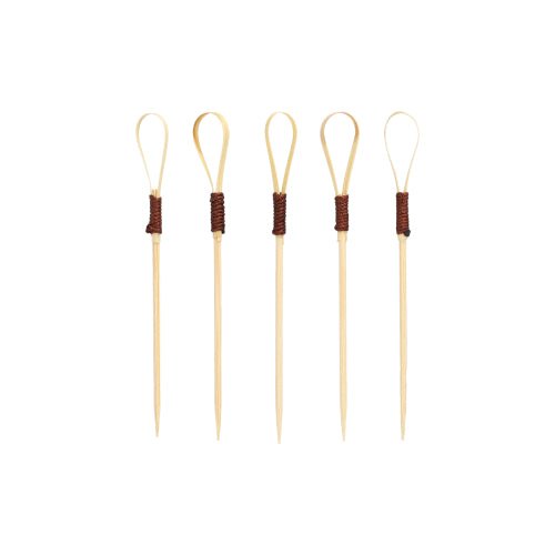 Štyridsať PAPSTAR Fingerfood Picker 10 cm "Loop" Cocktail Picks spoločnosti PAPSTAR GmbH, ideálne na občerstvenie a fingerfood, sa vyznačujú jedinečným loop dizajnom s tmavohnedými ovinutými časťami, ktoré sú usporiadané vzpriamene na jednoduchom bielom pozadí.