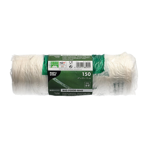 Rolka so 150 PAPSTAR uzlovými sáčkami (47x22 cm) z transparentnej bio fólie od PAPSTAR GmbH zobrazuje zeleno-bielu pásku s informáciami o produkte a symbolmi, ktorá je zobrazená nepoužitá na bielom pozadí.