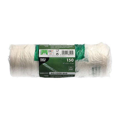 Rolka so 150 PAPSTAR uzlovými sáčkami (47x22 cm) z transparentnej bio fólie od PAPSTAR GmbH zobrazuje zeleno-bielu pásku s informáciami o produkte a symbolmi, ktorá je zobrazená nepoužitá na bielom pozadí.