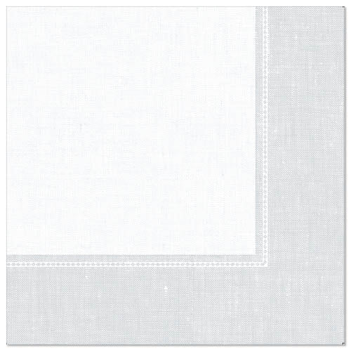 Biela, štvorcová servítka z "ROYAL Collection" od PAPSTAR GmbH (40 x 40 cm, 1/4-sklad), zobrazená na jednofarebnom, bielom pozadí, so svetlosivým okrajom a decentným stehovým vzorom. Balenie s 50 kusmi.