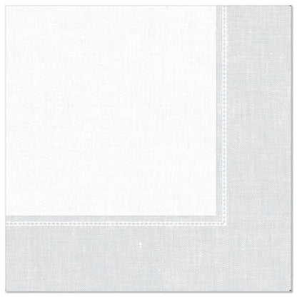 Biela, štvorcová servítka z "ROYAL Collection" od PAPSTAR GmbH (40 x 40 cm, 1/4-sklad), zobrazená na jednofarebnom, bielom pozadí, so svetlosivým okrajom a decentným stehovým vzorom. Balenie s 50 kusmi.