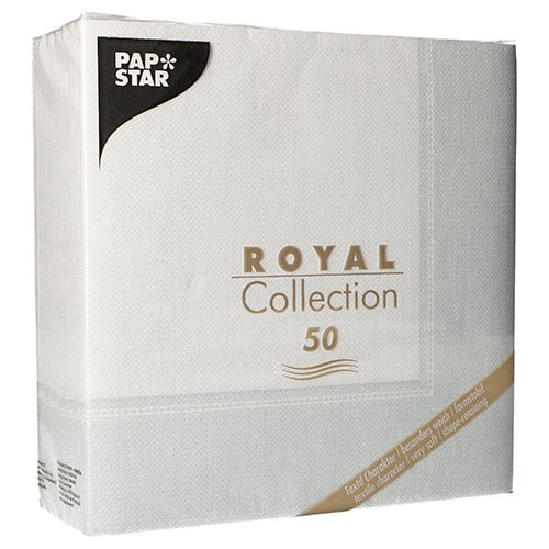 Balenie 50 PAPSTAR servítok "ROYAL Collection" 1/4-sklad, 40 x 40 cm v bielej farbe, od PAPSTAR GmbH, s výrazným brandingom a detailmi kolekcie na obale.