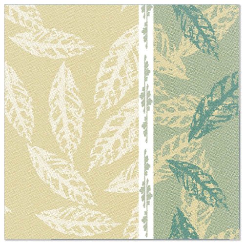 Štýlový štvorcový obrúsok spoločnosti PAPSTAR GmbH s prekrývajúcimi sa siluetami listov v béžovej a tyrkysovej farbe, rozdelený bielym pruhom. Súčasťou "ROYAL Collection", 40x40 cm, 1/4-sklad, zelené - ideálne na slávnostné príležitosti. Obsahuje 50 obrúskov.