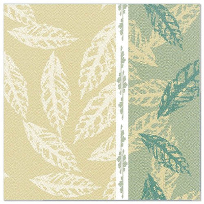 Štýlový štvorcový obrúsok spoločnosti PAPSTAR GmbH s prekrývajúcimi sa siluetami listov v béžovej a tyrkysovej farbe, rozdelený bielym pruhom. Súčasťou "ROYAL Collection", 40x40 cm, 1/4-sklad, zelené - ideálne na slávnostné príležitosti. Obsahuje 50 obrúskov.