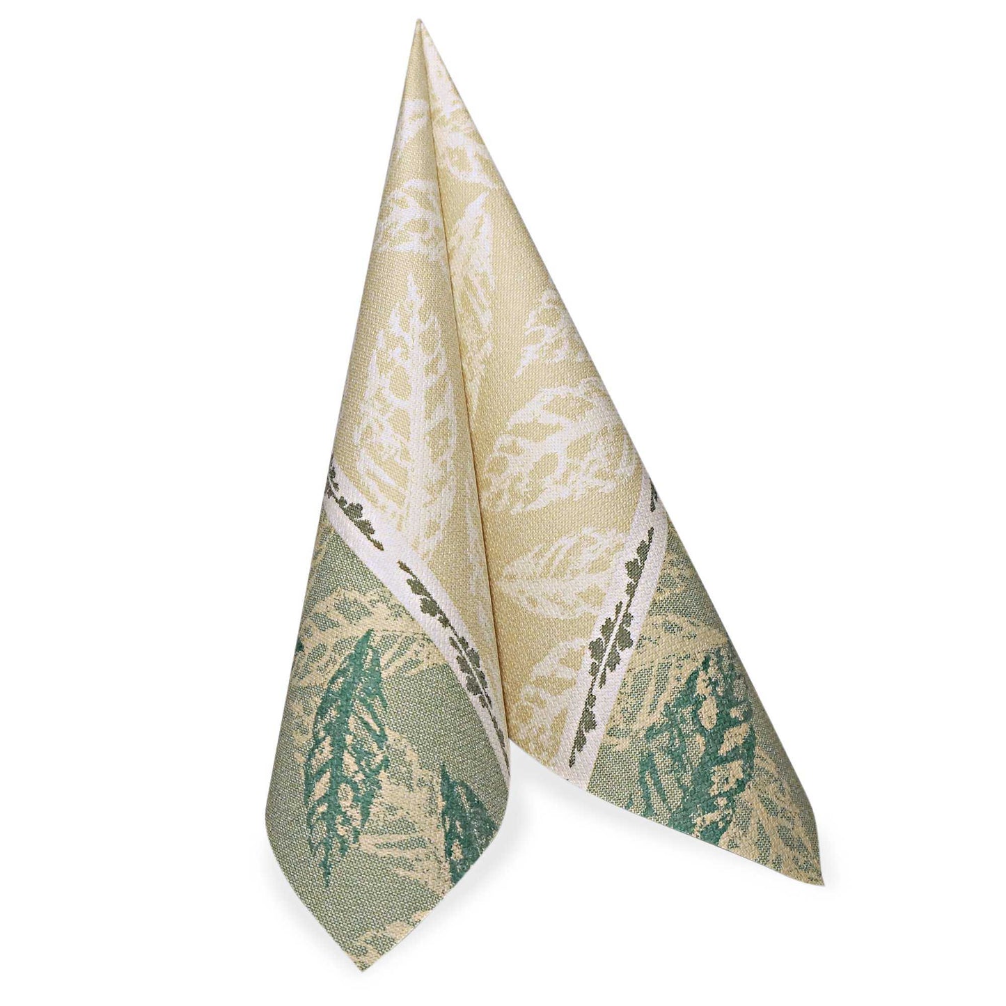 Obrúsok spoločnosti PAPSTAR GmbH z "ROYAL Collection", 40 x 40 cm, 1/4-sklad v zelenej farbe, stojí vzpriamene pred bielym pozadím. Balenie obsahuje 50 obrúskov.