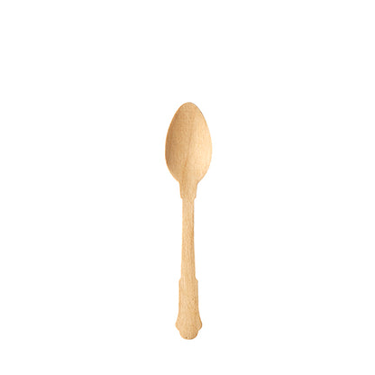 Jediná drevená lyžička na kávu PAPSTAR "pure" (12 cm, prírodná, vintage dizajn) od spoločnosti PAPSTAR GmbH stojí uprostred jednofarebného bieleho pozadia.