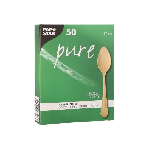 Zelená škatuľka PAPSTAR s nápisom "pure" obsahuje 50 drevených lyžičiek na kávu vo vintage dizajne (12 cm), s fotografiou lyžičky na prednej strane a textom v nemčine a angličtine. Značka: PAPSTAR GmbH.