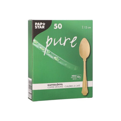 Zelená škatuľka PAPSTAR s nápisom "pure" obsahuje 50 drevených lyžičiek na kávu vo vintage dizajne (12 cm), s fotografiou lyžičky na prednej strane a textom v nemčine a angličtine. Značka: PAPSTAR GmbH.