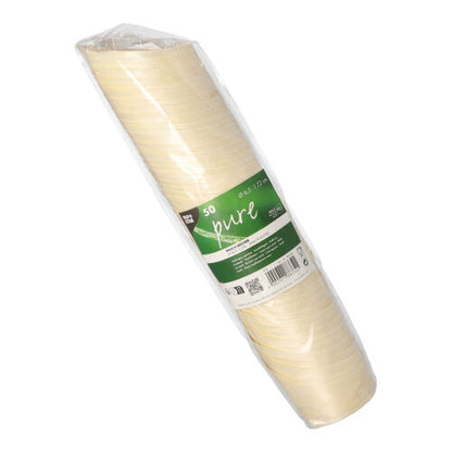 Balenie 50 PAPSTAR drevených „pure“ snack pohárov (7,2 cm vysoké) od PAPSTAR GmbH, zabalené v priehľadnej fólii so zeleno-bielou etiketou – ideálne na ekologické servírovanie občerstvenia.