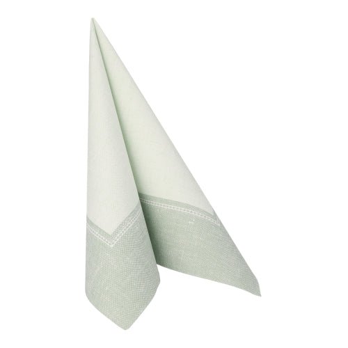 Servítka svetlozelená a biela podobná látke z kolekcie ROYAL od PAPSTAR GmbH, 40 x 40 cm, zložená do stojaceho trojuholníka s dvoma ostrými hranami; Produkt: PAPSTAR 50 servítok "ROYAL Collection" 1/4-sklad zelená.