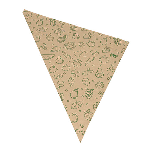 Die PAPSTAR 1000 Spitztüten der PAPSTAR GmbH sind braune, dreieckige Kraftpapiertüten mit grünem Obst- und Gemüseaufdruck – perfekt als umweltfreundliche Tüten für den Transport von Obst und Gemüse.