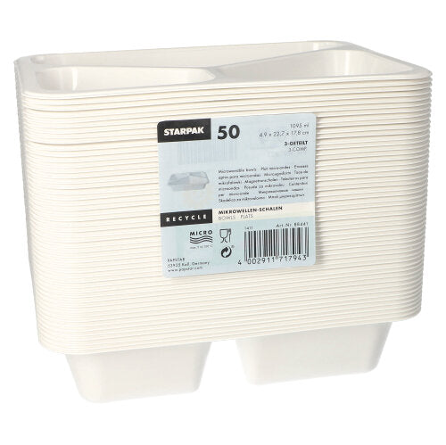 Ein Stapel von 50 Starpak Mikrowellenschalen (PP), jede mit einer Trennwand, mit der Marke „Starpak“ auf einem grauen Aufkleber mit Recycling-Informationen und Barcode auf der Vorderseite; hergestellt aus wiederverwendbarem Polypropylen.