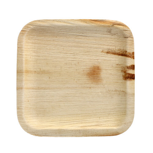 Tanier PAPSTAR 25 od PAPSTAR GmbH je štvorcový, svetlý tanier z palmového listu s oblými rohmi, hladkou štruktúrou, viditeľnou prírodnou textúrou a tmavohnedým morením na pravej strane – ideálny na špeciálne príležitosti pred bielym pozadím.