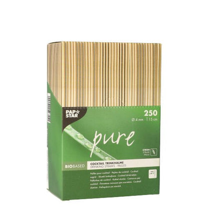 Koktejlové slamky "pure" od PAPSTAR - 250 ekologických slamiek (Ø 4 mm, 15 cm) od PAPSTAR GmbH - sú dodávané v dávkovacej krabici so zeleno-béžovými akcentmi a informáciou o produkte na prednej strane.