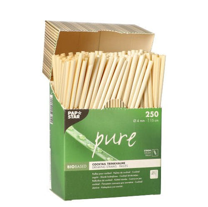 Zeleno-svetlohnedá krabica PAPSTAR GmbH s nápisom "pure" obsahuje 250 ekologických koktejlových slamiek (Ø 4 mm, 15 cm) v dávkovacom kartóne, s otvoreným vekom a viditeľnými slamkami.