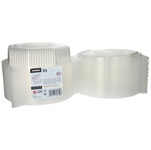 Dva stohy Starpak 25 menuboxov s klapkovými vekami, PP priehľadné a 8-uholníkové (5,9 x 21,5 x 21,5 cm) sú znázornené vedľa seba. Ideálne na skladovanie potravín alebo na servírovanie jedál na každej udalosti.