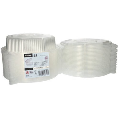 Dva stohy Starpak 25 menuboxov s klapkovými vekami, PP priehľadné a 8-uholníkové (5,9 x 21,5 x 21,5 cm) sú znázornené vedľa seba. Ideálne na skladovanie potravín alebo na servírovanie jedál na každej udalosti.