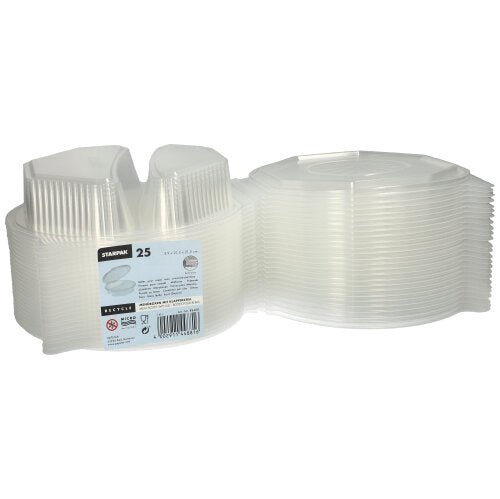 Zobrazený je stoh 25 Starpak menuboxov s klapkovými vekami, z priehľadného PP (8-uholníkový, 5,9 x 21,5 x 21,5 cm). Etiketa obsahuje informácie o značke a pokyny na použitie - ideálne na skladovanie potravín alebo na servírovanie.