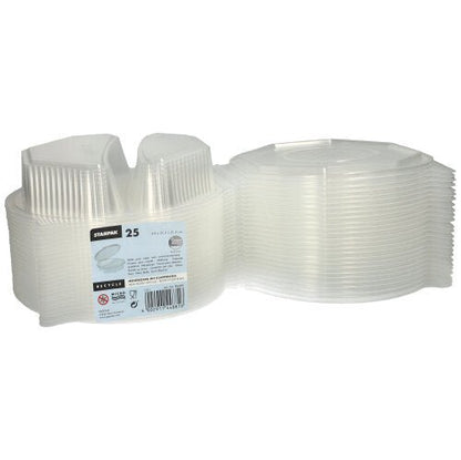 Zobrazený je stoh 25 Starpak menuboxov s klapkovými vekami, z priehľadného PP (8-uholníkový, 5,9 x 21,5 x 21,5 cm). Etiketa obsahuje informácie o značke a pokyny na použitie - ideálne na skladovanie potravín alebo na servírovanie.
