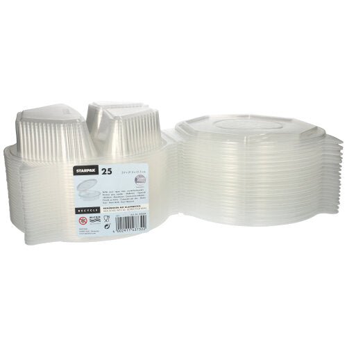 Sada 25 Starpak menuboxov, PP priehľadné a 8-uholníkové (5,9 x 21,5 x 21,5 cm), s klapkovými vekami. Ideálne na skladovanie potravín; Etiketa produktu je viditeľná na obale.