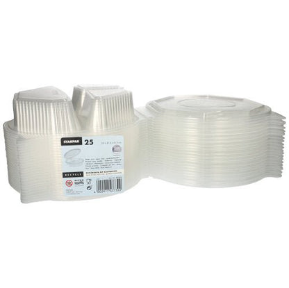 Sada 25 Starpak menuboxov, PP priehľadné a 8-uholníkové (5,9 x 21,5 x 21,5 cm), s klapkovými vekami. Ideálne na skladovanie potravín; Etiketa produktu je viditeľná na obale.