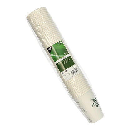 Balenie s 50 bielymi PAPSTAR papierovými pohármi Pure Joy (Ø 8 cm, 10,8 cm vysoké) od PAPSTAR GmbH, zabalené v priehľadnom plaste so zeleno-bielou etiketou s údajmi o produkte a značkou.