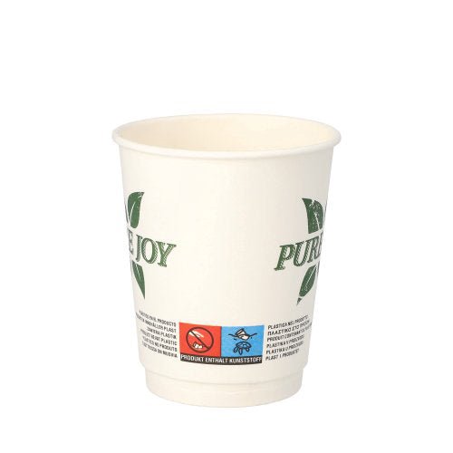 Dvojstenný pohár PAPSTAR (8 cm, biely, "Čistá radosť") od PAPSTAR GmbH má dizajn so zelenými listami, ekologické symboly na spodnej časti a ponúka ekologickú voľbu v 20-kusovom balení.