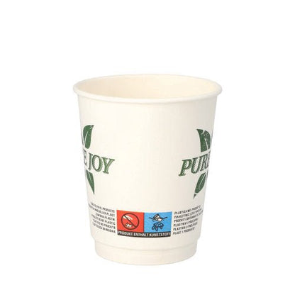 Dvojstenný pohár PAPSTAR (8 cm, biely, "Čistá radosť") od PAPSTAR GmbH má dizajn so zelenými listami, ekologické symboly na spodnej časti a ponúka ekologickú voľbu v 20-kusovom balení.