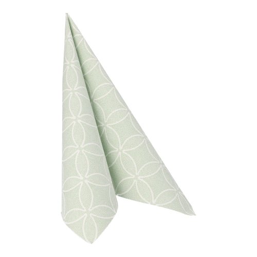Servítka "ROYAL Collection" od PAPSTAR GmbH 50 servítok, zelená, 40 x 40 cm, s bielym geometrickým kruhovým vzorom je zložená do stojaceho kužeľa na bielom pozadí.