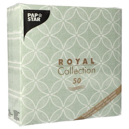 Balíček s 50 PAPSTAR servítkami "ROYAL Collection" 1/4-sklad, 40 x 40 cm, zelená od PAPSTAR GmbH, s bielym geometrickým vzorom a zlatým a bielym písmom na prednej strane.