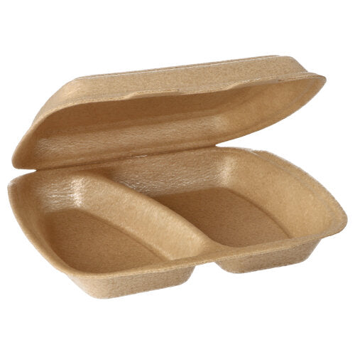 Starpak 50 Menuboxy s klapkovým vekom z XPP (7 x 20,5 x 24 cm, béžové) majú dve samostatné priehradky a sú zobrazené otvorené, ideálne na bezpečnú prepravu jedla a prezentáciu vnútorného rozdelenia.