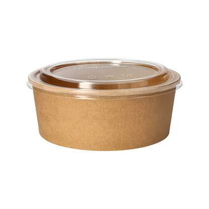 Tých 50 šalátových misiek od PAPSTAR GmbH sú okrúhle, hnedé potravinové nádoby z papiera s PLA povlakom a priehľadným vekom, zobrazené prázdne pred bielym pozadím.