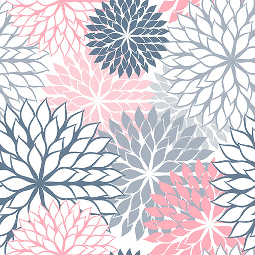 20 servítok od PAPSTAR GmbH vo formáte 40 cm x 40 cm v 3-vrstvovom 1/4 záhybe má bezšvový vzor s veľkými, prekrývajúcimi sa ružovými, námorníckymi a svetlosivými kvetmi na bielej s ostrými kvetnými lístkami v štýlovom, opakujúcom sa rozložení.