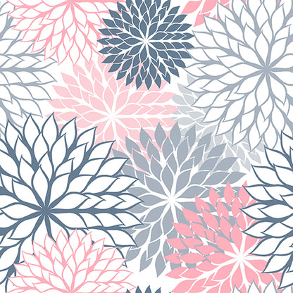 20 servítok od PAPSTAR GmbH vo formáte 40 cm x 40 cm v 3-vrstvovom 1/4 záhybe má bezšvový vzor s veľkými, prekrývajúcimi sa ružovými, námorníckymi a svetlosivými kvetmi na bielej s ostrými kvetnými lístkami v štýlovom, opakujúcom sa rozložení.